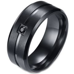 COI Black Titanium Center Groove Beveled Edges Ring With Cubic Zirconia-5583