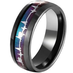 COI Black Tungsten Carbide Rainbow Color Heartbeat Dome Court Ring-5594