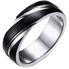 COI Titanium Black Silver Diagonal Grooves Ring-5634