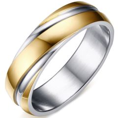 COI Titanium Gold Tone Silver Diagonal Grooves Ring-5635