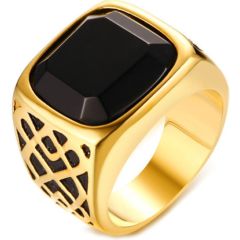 COI Titanium Black Gold Tone Ring With Black Agate-5719