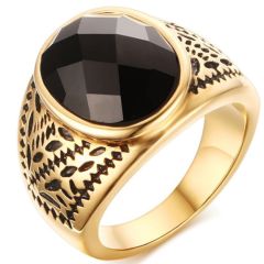 COI Titanium Black Gold Tone Ring With Black Agate-5764aa