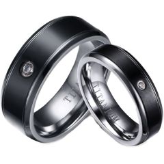 COI Titanium Black Silver Double Grooves Ring With Cubic Zirconia-5766