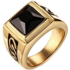 COI Titanium Gold Tone Black Ring With Black Agate-5776