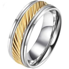 COI Titanium Gold Tone Silver Grooves Ring With Milgrain-5809