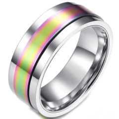 COI Titanium Silver Rainbow Color Step Edges Ring-5840
