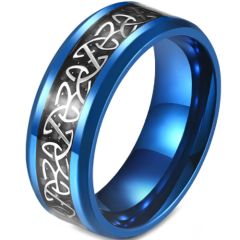 *COI Titanium Blue/Black/Silver Trinity Knots Beveled Edges Ring With Carbon Fiber-5872
