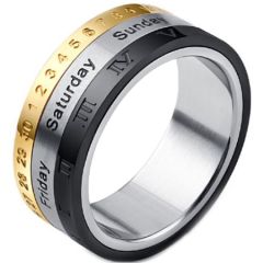 COI Titanium Black Gold Tone Silver Calendar Date Week Month Rotating Ring-5884