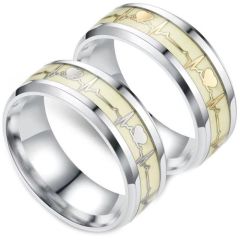 COI Titanium Gold Tone/Silver Heartbeat & Heart Luminous Beveled Edges Ring-5906