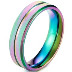 *COI Titanium Rainbow Color Center Groove Step Edges Ring-5920