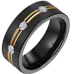 *COI Titanium Black Gold Tone Double Grooves Ring With Cubic Zirconia-6901