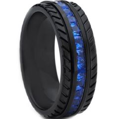 *COI Black Titanium Tire Tread Ring With Created Blue Sapphire-6903BB