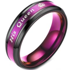 **COI Titanium Black Purple His Queen Crown Beveled Edges Ring-6940BB