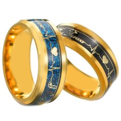 **COI Titanium Gold Tone Black/Blue Love you Forever Heartbeat Beveled Edges Ring-6948BB