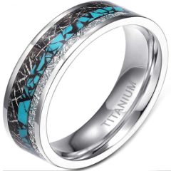 **COI Titanium Turquoise & Meteorite Pipe Cut Flat Ring-6952DD