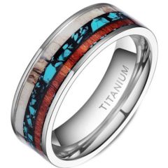 **COI Titanium Deer Antler Turquoise & Wood Pipe Cut Flat Ring-7015BB