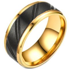 **COI Titanium Black Gold Tone Diagonal Grooves Step Edges Ring-7023BB