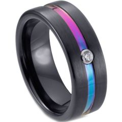 **COI Black Tungsten Carbide Rainbow Color Center Groove Pipe Cut Flat Ring-7057DD
