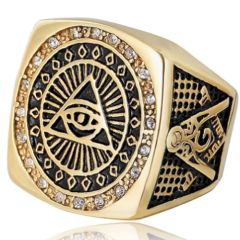 **COI Titanium Gold Tone Black Masonic Freemason Ring With Cubic Zirconia-7087CC