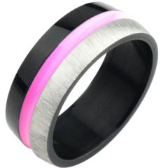 **COI Titanium Black Silver Dome Court Ring With Rose Resin-7137BB