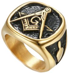 **COI Titanium Gold Tone Black Masonic Freemason Ring-7140CC