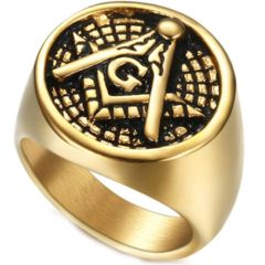 **COI Titanium Gold Tone Black Masonic Freemason Ring-7141CC