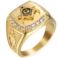 **COI Titanium Gold Tone Black Masonic Freemason Ring With Cubic Zirconia-7151BB