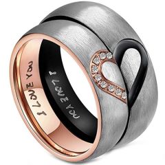 **COI Titanium Black/Rose Silver Couple Wedding Band Ring With Hearts-7170BB