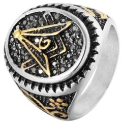 COI Black Gold Tone Silver Masonic Freemason Ring With Cubic Zirconia-7179CC