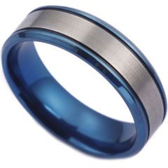 **COI Titanium Blue Silver Double Grooves Ring-7194BB