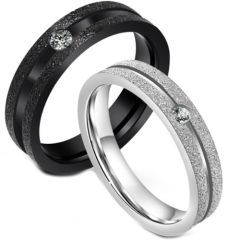 **COI Titanium Black/Silver Sandblasted Ring With Cubic Zirconia-7254BB