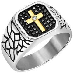**COI Titanium Gold Tone Silver/Black Cross Ring With Cubic Zirconia-7268BB