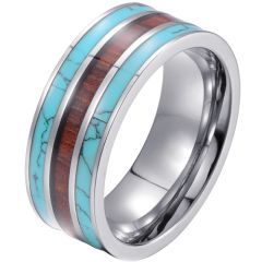**COI Titanium Pipe Cut Flat Ring With Turquoise and Wood-7272BB
