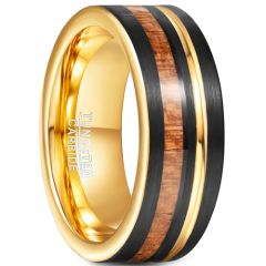 **COI Tungsten Carbide Black Gold Tone Wood Pipe Cut Flat Ring-7285BB