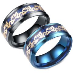 **COI Titanium Black/Blue Gold Tone Dragon Beveled Edges Ring-7367AA