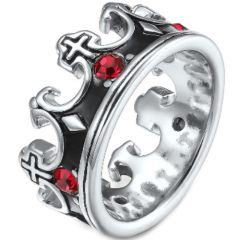**COI Titanium Black Silver Crown Ring With Created Red Ruby-7368AA
