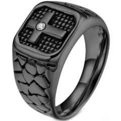 **COI Titanium Black/Silver Cross Ring With Cubic Zirconia-7393AA