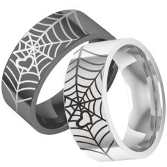 **COI Titanium Black/Silver Spider Web & Heart Pipe Cut Flat Ring-7401AA