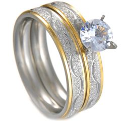**COI Titanium Gold Tone Silver Solitaire Ring Wedding Set-7405AA(A Set With Two Rings)