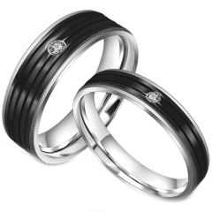 **COI Titanium Black Silver Grooves Ring With Cubic Zirconia-7427AA