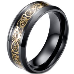 **COI Black Titanium Gold Tone Dragon Beveled Edges Ring With Carbon Fiber-7437AA