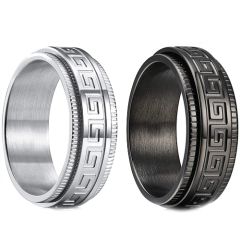 **COI Titanium Black/Silver Greek Key Pattern Milgrain Step Edges Ring-7530AA