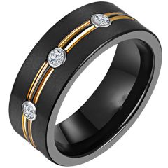 **COI Titanium Black Gold Tone Double Groove Ring With Cubic Zirconia-7542AA