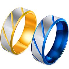 **COI Titanium Gold Tone/Blue Silver Diagonal Grooves Beveled Edges Ring-7543AA