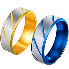 **COI Titanium Gold Tone/Blue Silver Diagonal Grooves Beveled Edges Ring-7543AA