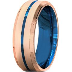 **COI Titanium Rose Blue Center Grooves Beveled Edges Ring-7576AA