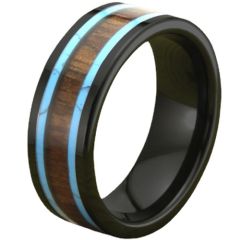 **COI Black Tungsten Carbide Turquoise & Wood Ring-7583AA