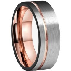 **COI Tungsten Carbide Rose Silver Offset Groove Pipe Cut Flat Ring-7600AA