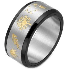 **COI Titanium Gold Tone Black Dandelion Beveled Edges Ring-7602AA