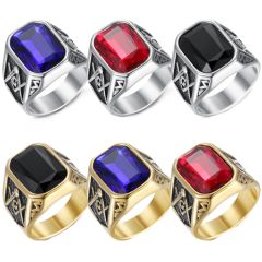 **COI Titanium Gold Tone/Silver Masonic Freemason Ring With Created Blue Sapphire/Red Ruby/Black Onyx-7608AA